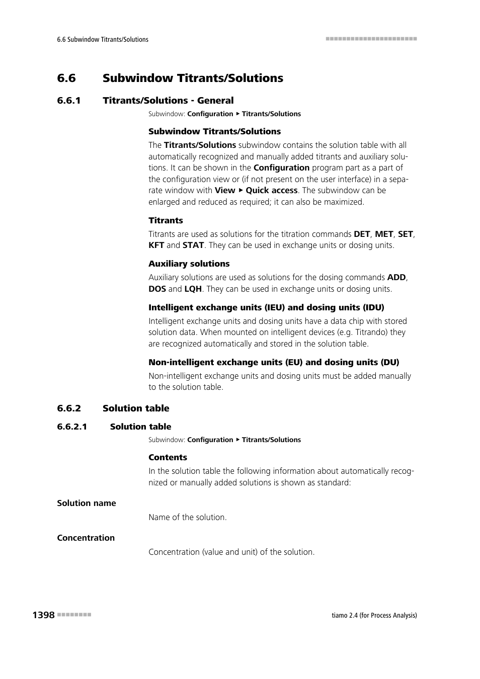 6 subwindow titrants/solutions, 1 titrants/solutions - general, 2 solution table | 1 solution table, Subwindow titrants/solutions 8, Titrants/solutions - general 8, Solution table 8, Titrants/solutions | Metrohm tiamo 2.4 (process analysis) User Manual | Page 1414 / 1809