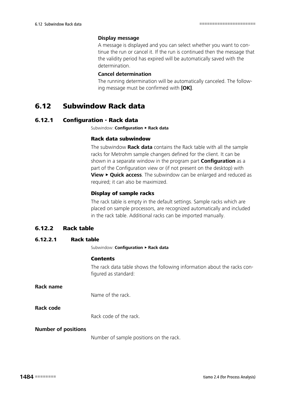 12 subwindow rack data, 1 configuration - rack data, 2 rack table | 1 rack table, 12 subwindow rack data 4 6.12.1, Configuration - rack data 4, Rack table 4, Rack data | Metrohm tiamo 2.4 (process analysis) User Manual | Page 1500 / 1809