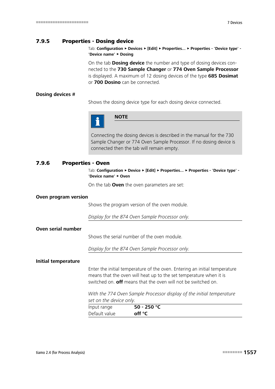 5 properties - dosing device, 6 properties - oven, Properties - dosing device 7 | Properties - oven 7, Dosing device | Metrohm tiamo 2.4 (process analysis) User Manual | Page 1573 / 1809