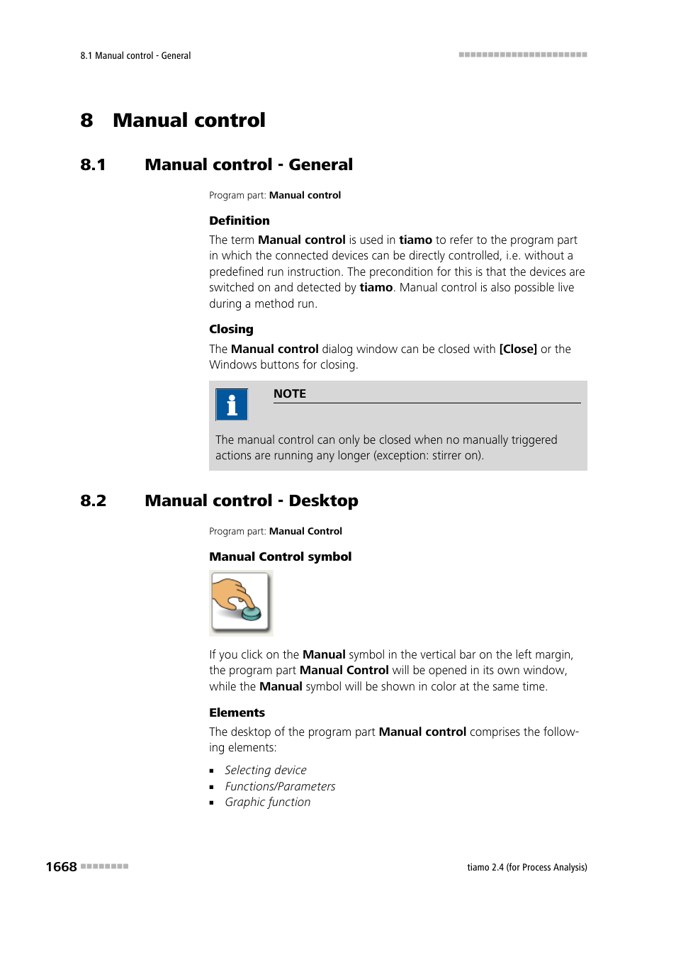 8 manual control, 1 manual control - general, 2 manual control - desktop | Manual control - general 8, Manual control - desktop 8 | Metrohm tiamo 2.4 (process analysis) User Manual | Page 1684 / 1809