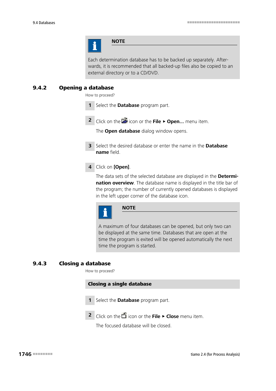 2 opening a database, 3 closing a database, Opening a database 6 | Closing a database 6 | Metrohm tiamo 2.4 (process analysis) User Manual | Page 1762 / 1809