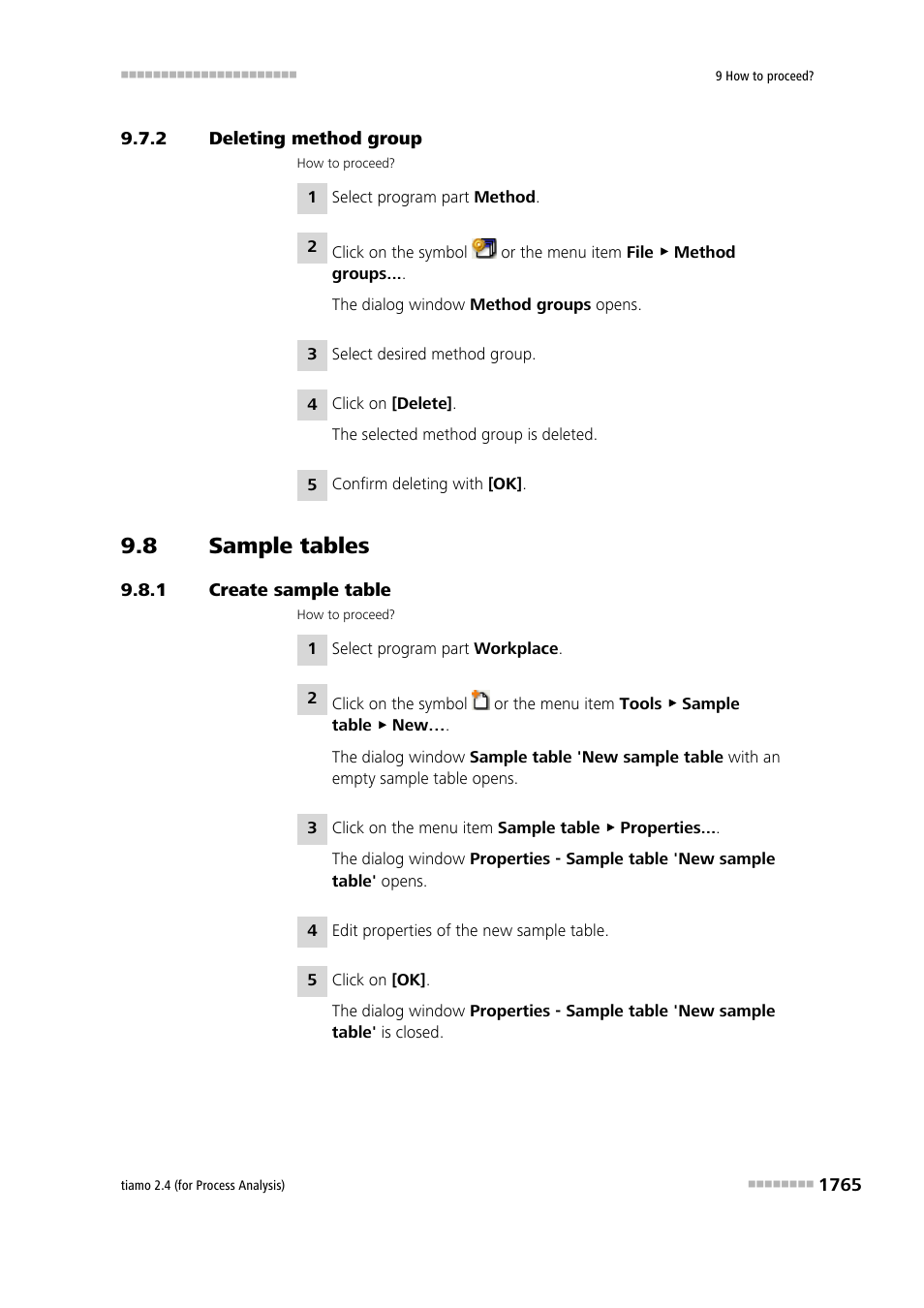 2 deleting method group, 8 sample tables, 1 create sample table | Deleting method group 5, Sample tables 5, Create sample table 5 | Metrohm tiamo 2.4 (process analysis) User Manual | Page 1781 / 1809