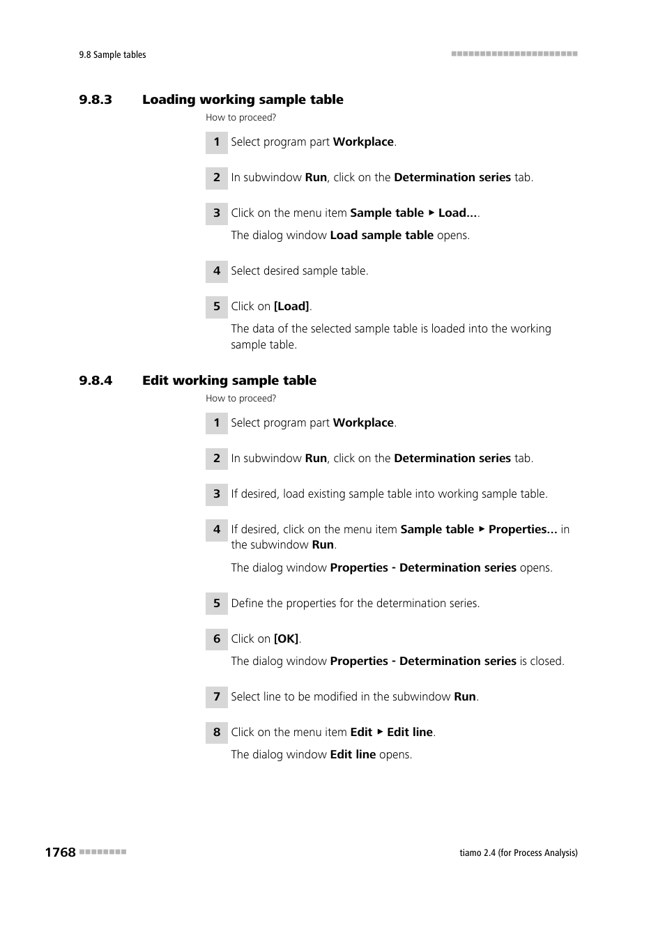 3 loading working sample table, 4 edit working sample table, Loading working sample table 8 | Edit working sample table 8 | Metrohm tiamo 2.4 (process analysis) User Manual | Page 1784 / 1809