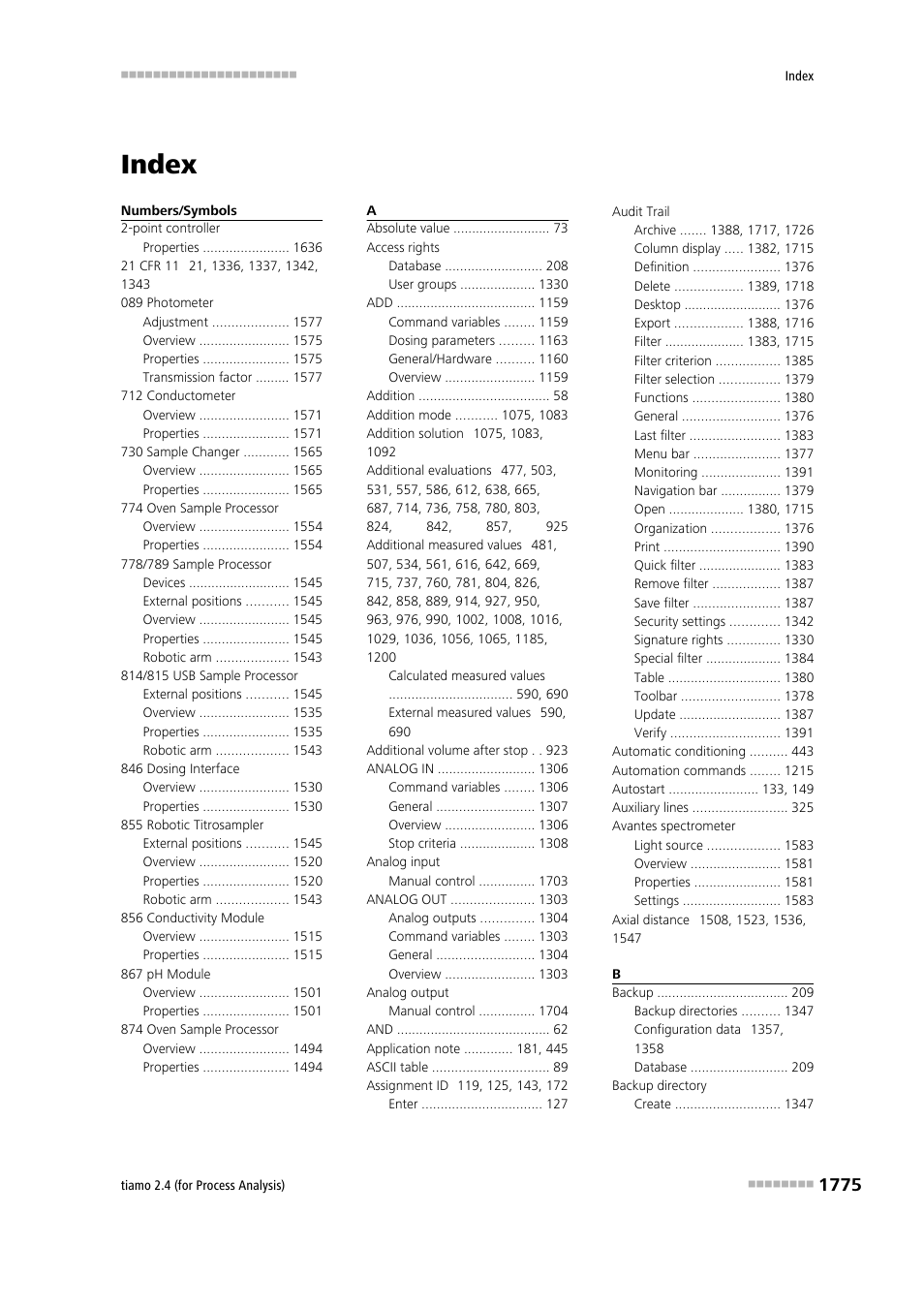 Index | Metrohm tiamo 2.4 (process analysis) User Manual | Page 1791 / 1809