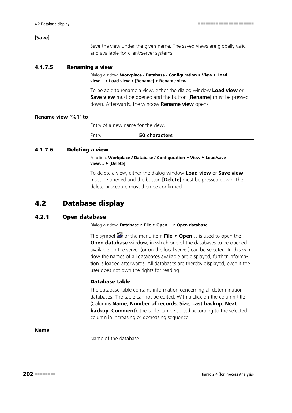 5 renaming a view, 6 deleting a view, 2 database display | 1 open database, Database display, Open database | Metrohm tiamo 2.4 (process analysis) User Manual | Page 218 / 1809