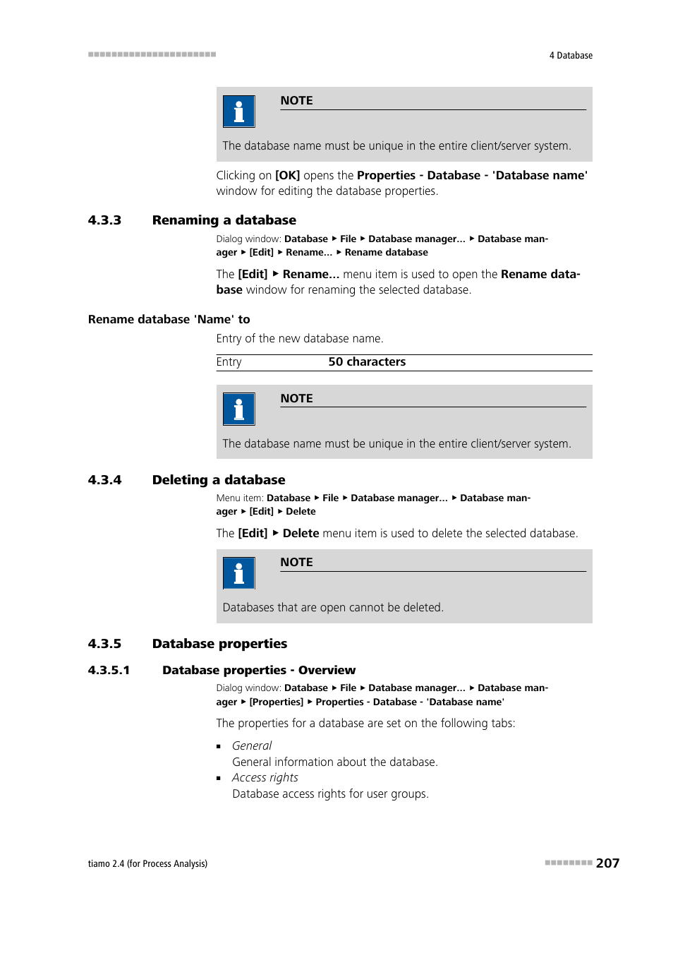 3 renaming a database, 4 deleting a database, 5 database properties | 1 database properties - overview, Renaming a database, Deleting a database, Database properties, Rename the database, Edit the database properties, Delete the database | Metrohm tiamo 2.4 (process analysis) User Manual | Page 223 / 1809