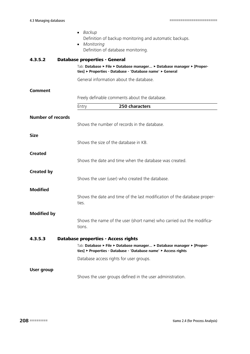 2 database properties - general, 3 database properties - access rights | Metrohm tiamo 2.4 (process analysis) User Manual | Page 224 / 1809