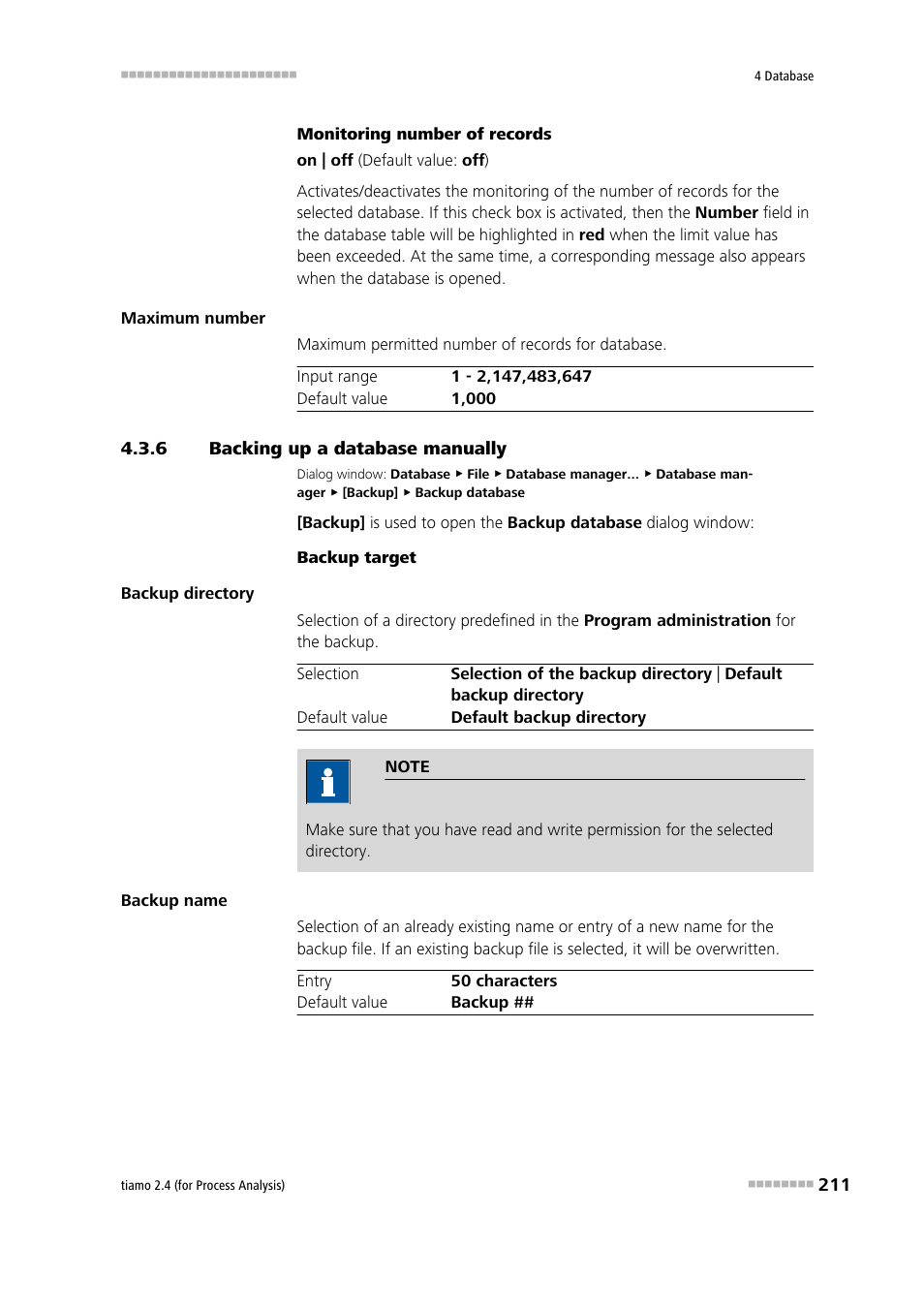 6 backing up a database manually, Backing up a database manually, Backup the database | Metrohm tiamo 2.4 (process analysis) User Manual | Page 227 / 1809