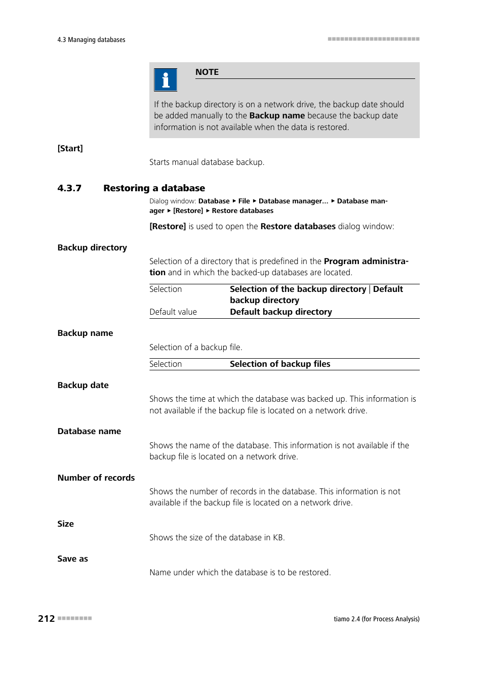 7 restoring a database, Restoring a database, Restore the database | Metrohm tiamo 2.4 (process analysis) User Manual | Page 228 / 1809
