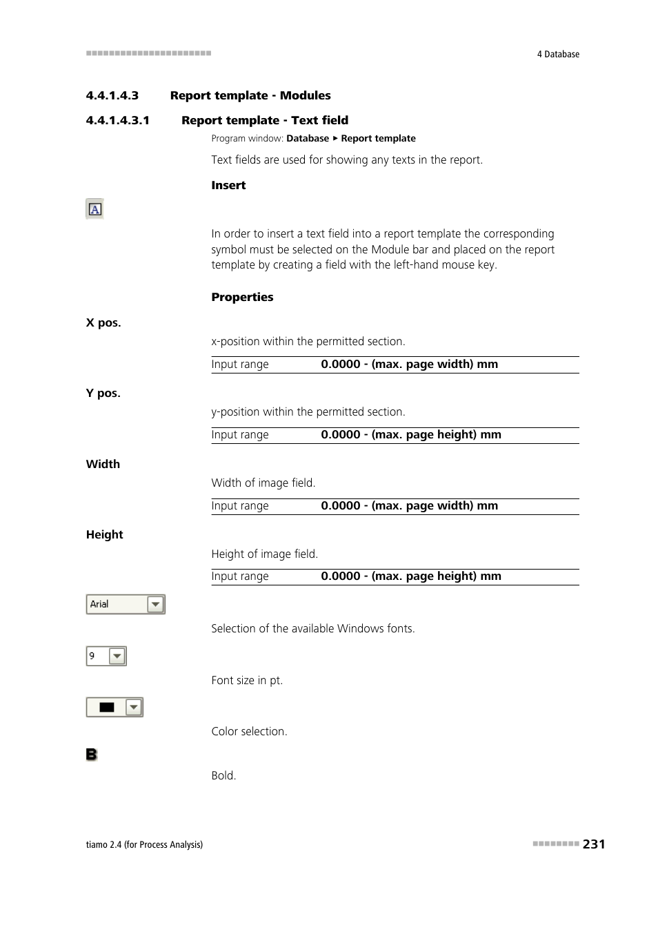 3 report template - modules, 1 report template - text field, Text field | Metrohm tiamo 2.4 (process analysis) User Manual | Page 247 / 1809