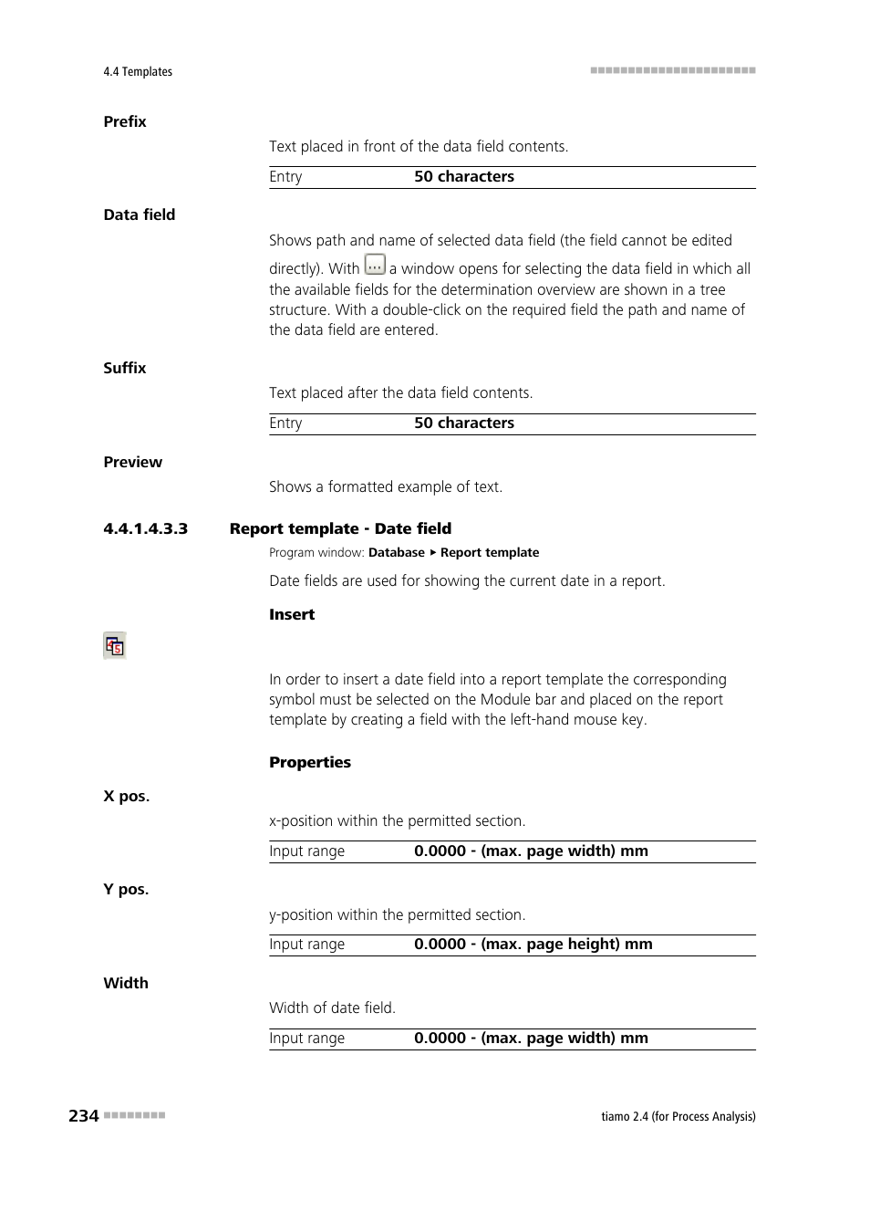 3 report template - date field, Date field | Metrohm tiamo 2.4 (process analysis) User Manual | Page 250 / 1809