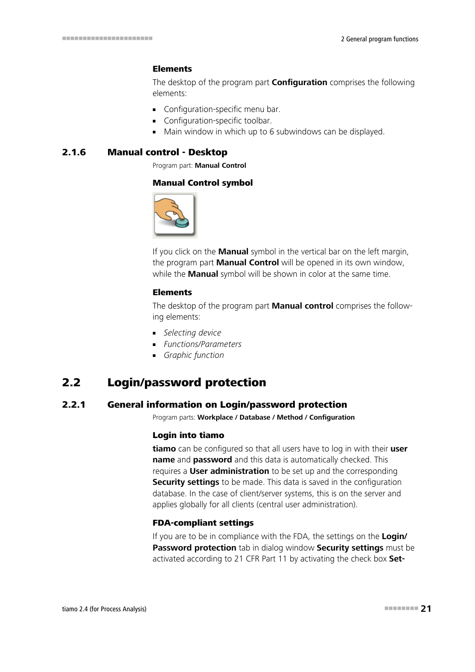 6 manual control - desktop, 2 login/password protection, 1 general information on login/password protection | Manual control - desktop, Login/password protection, General information on login/password protection, Manual | Metrohm tiamo 2.4 (process analysis) User Manual | Page 37 / 1809