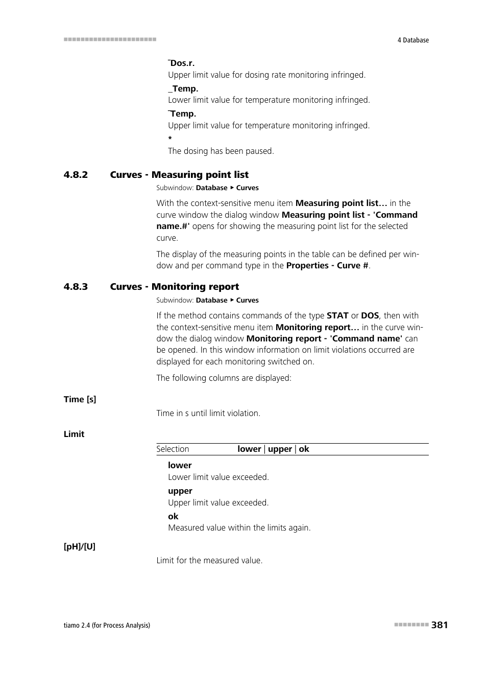 2 curves - measuring point list, 3 curves - monitoring report, Curves - measuring point list | Curves - monitoring report | Metrohm tiamo 2.4 (process analysis) User Manual | Page 397 / 1809