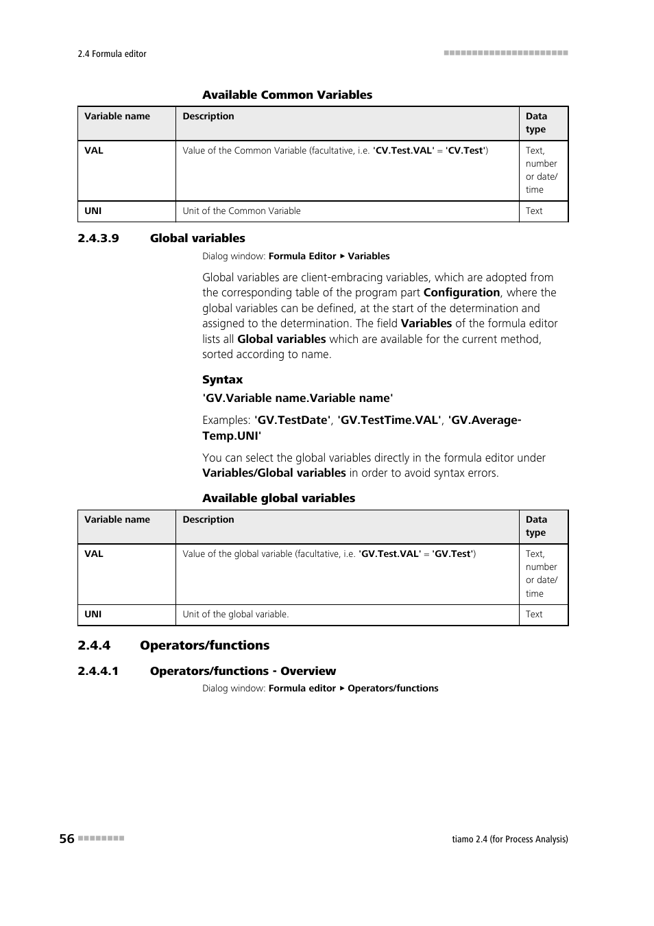 9 global variables, 4 operators/functions, 1 operators/functions - overview | Operators/functions | Metrohm tiamo 2.4 (process analysis) User Manual | Page 72 / 1809