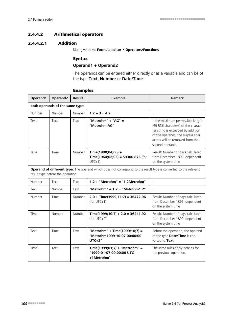 2 arithmetical operators, 1 addition, Addition | Metrohm tiamo 2.4 (process analysis) User Manual | Page 74 / 1809