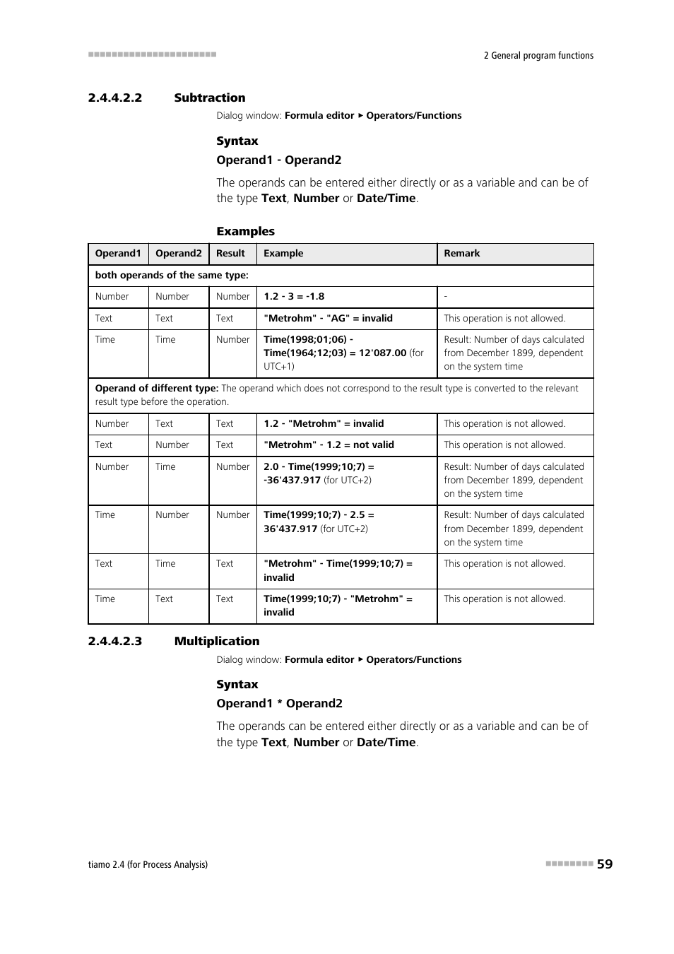 2 subtraction, 3 multiplication, Subtraction | Multiplication, Subtraction (-) | Metrohm tiamo 2.4 (process analysis) User Manual | Page 75 / 1809