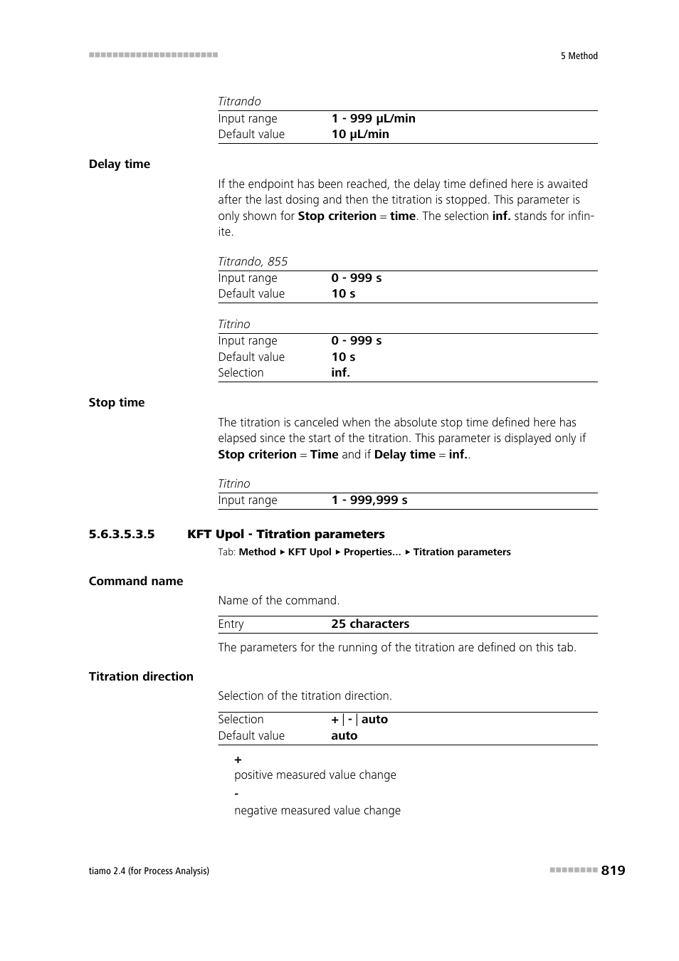 5 kft upol - titration parameters, Titration parameters | Metrohm tiamo 2.4 (process analysis) User Manual | Page 835 / 1809