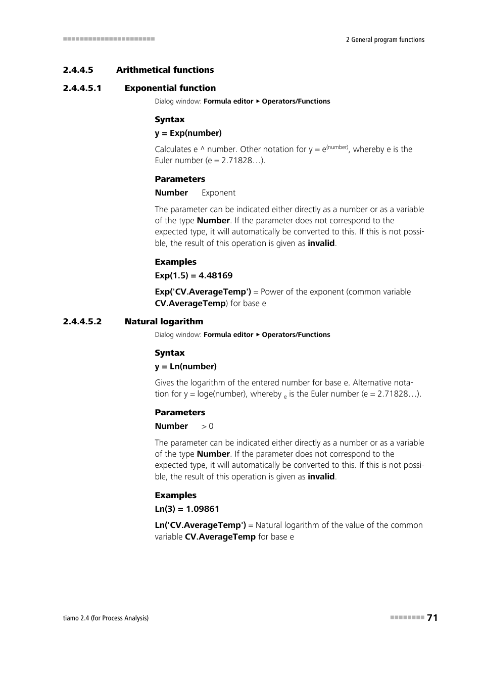 5 arithmetical functions, 1 exponential function, 2 natural logarithm | Exponential function, Natural logarithm | Metrohm tiamo 2.4 (process analysis) User Manual | Page 87 / 1809