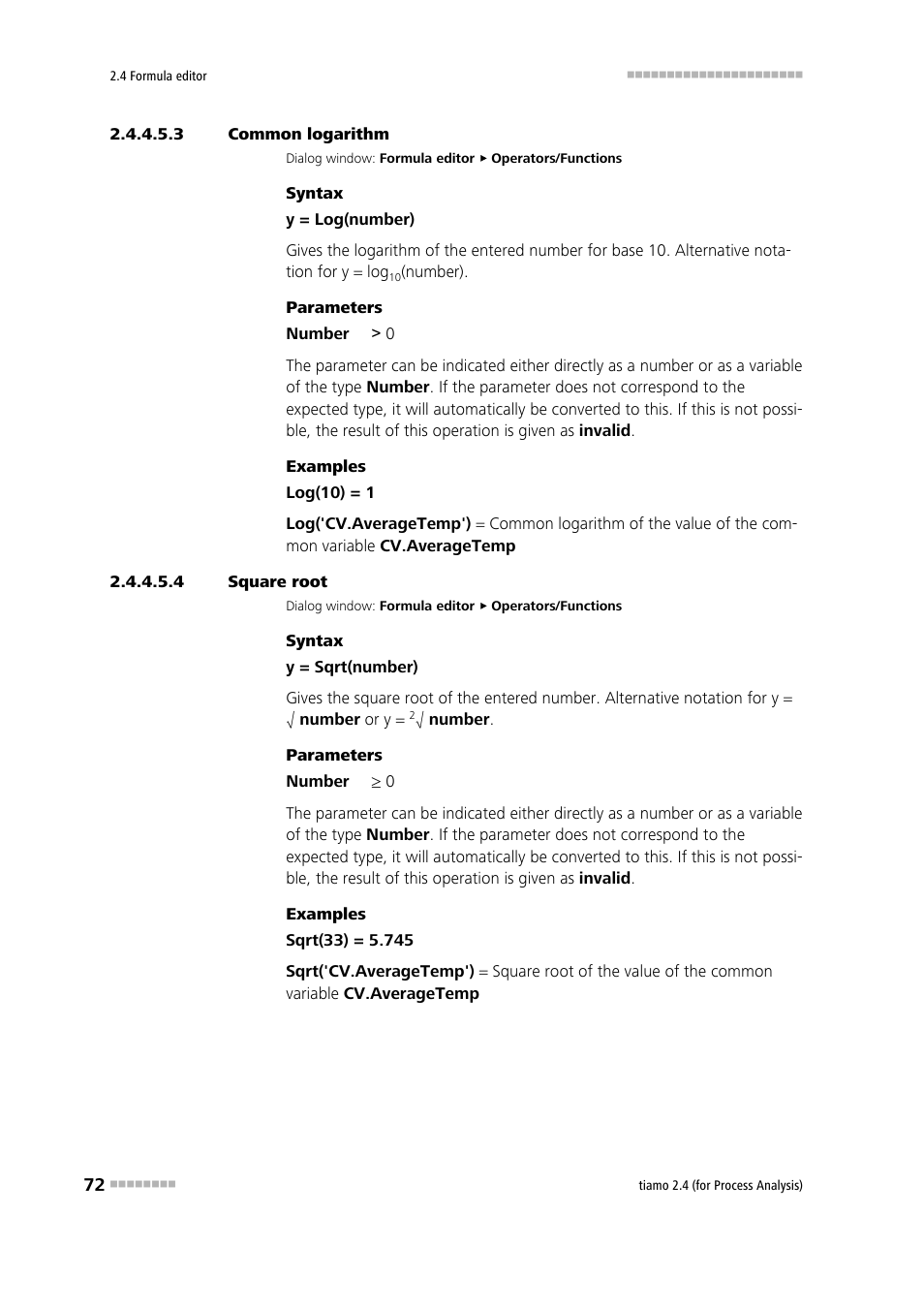 3 common logarithm, 4 square root, Common logarithm | Square root (sqrt) | Metrohm tiamo 2.4 (process analysis) User Manual | Page 88 / 1809