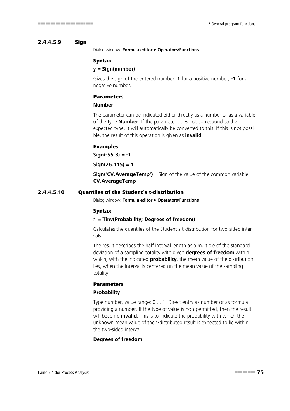 9 sign, 10 quantiles of the student's t-distribution, Sign (sign) | Quantiles of the student's t-distribution | Metrohm tiamo 2.4 (process analysis) User Manual | Page 91 / 1809