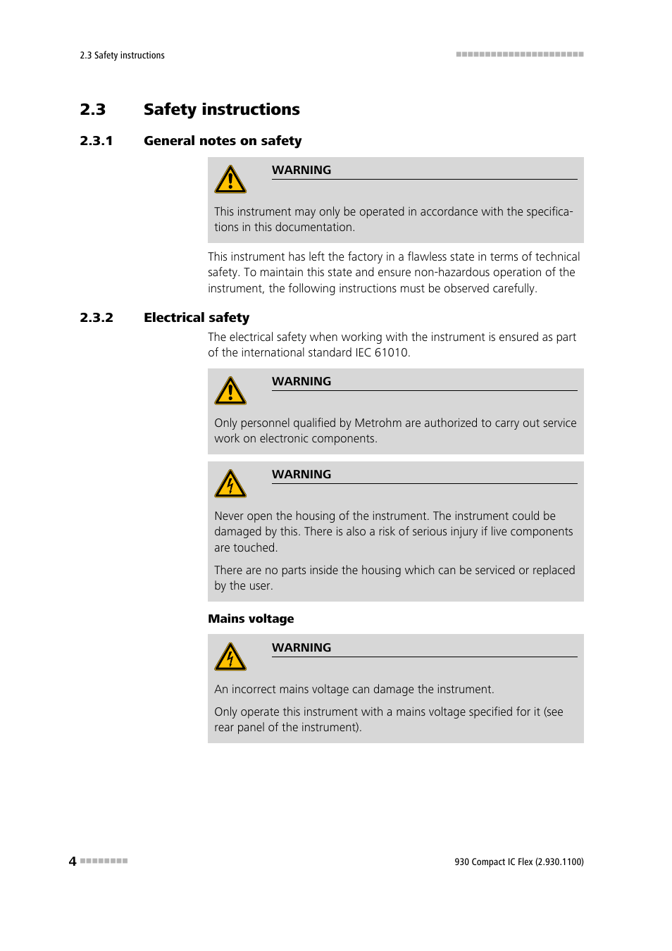 3 safety instructions, 1 general notes on safety, 2 electrical safety | Safety instructions, General notes on safety, Electrical safety | Metrohm 930 Compact IC Flex User Manual | Page 12 / 39