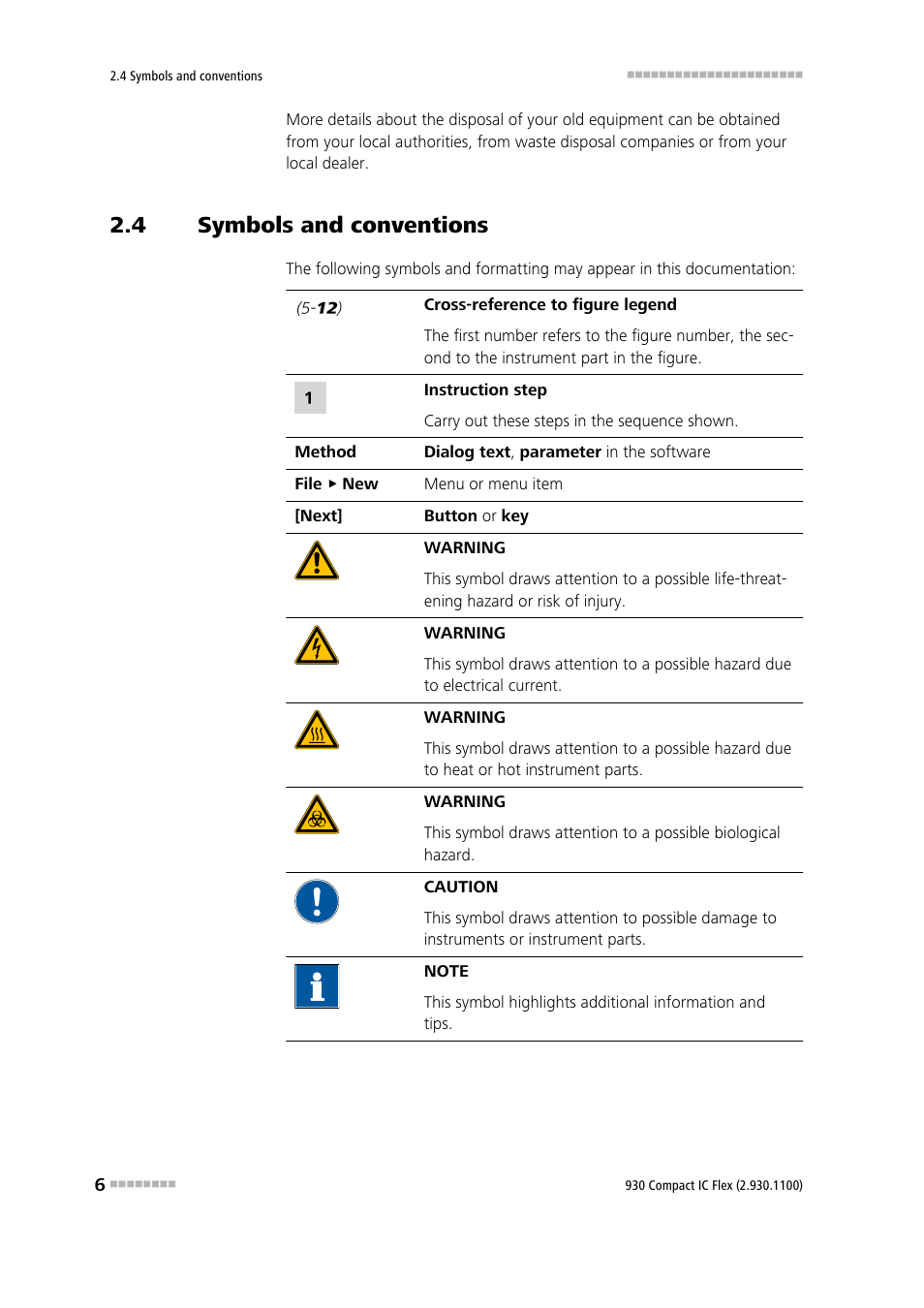 4 symbols and conventions, Symbols and conventions | Metrohm 930 Compact IC Flex User Manual | Page 14 / 39