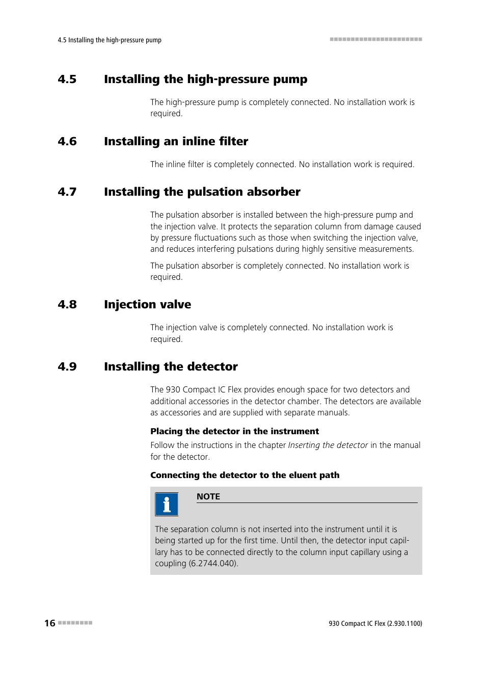 5 installing the high-pressure pump, 6 installing an inline filter, 7 installing the pulsation absorber | 8 injection valve, 9 installing the detector, Installing the high-pressure pump, Installing an inline filter, Installing the pulsation absorber, Injection valve, Installing the detector | Metrohm 930 Compact IC Flex User Manual | Page 24 / 39