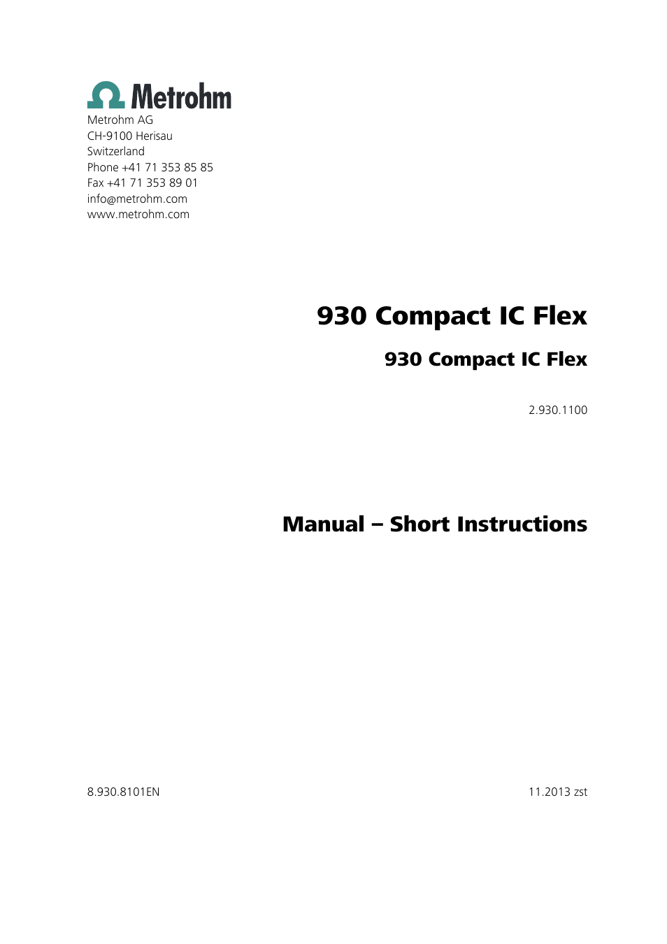 930 compact ic flex, Manual – short instructions | Metrohm 930 Compact IC Flex User Manual | Page 3 / 39