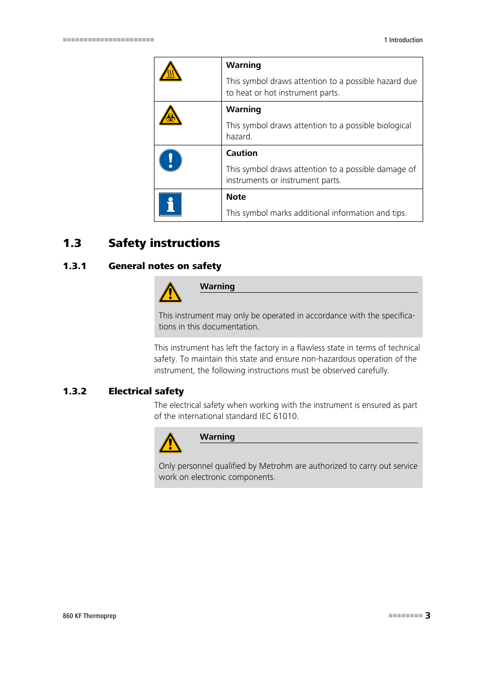 3 safety instructions, 1 general notes on safety, 2 electrical safety | Safety instructions, General notes on safety, Electrical safety | Metrohm 860 KF Thermoprep User Manual | Page 11 / 64