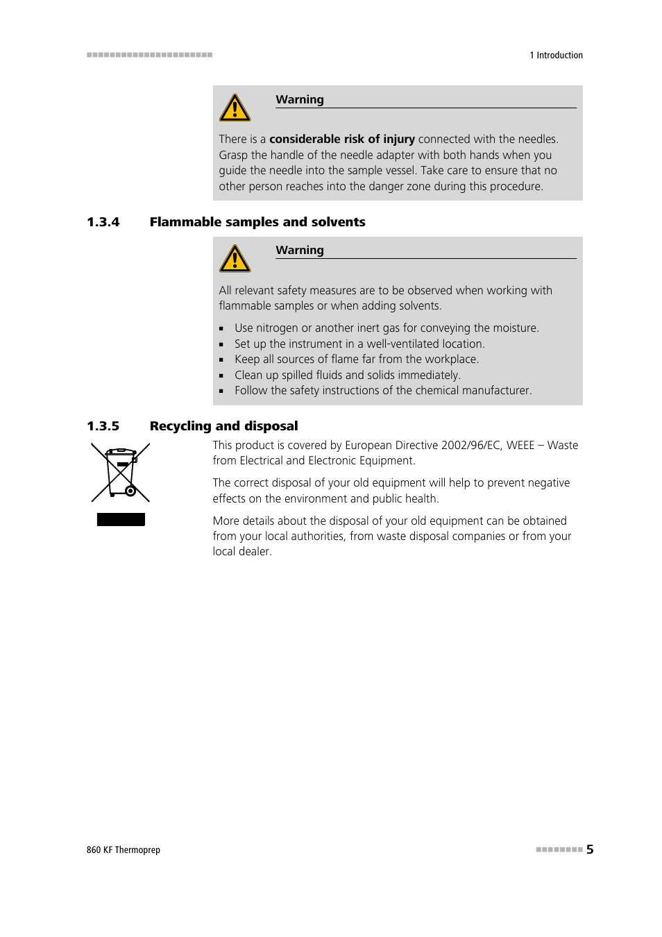 4 flammable samples and solvents, 5 recycling and disposal, Flammable samples and solvents | Recycling and disposal | Metrohm 860 KF Thermoprep User Manual | Page 13 / 64