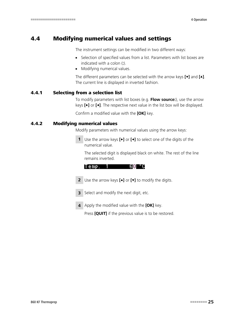 4 modifying numerical values and settings, 1 selecting from a selection list, 2 modifying numerical values | Modifying numerical values and settings, Selecting from a selection list, Modifying numerical values | Metrohm 860 KF Thermoprep User Manual | Page 33 / 64