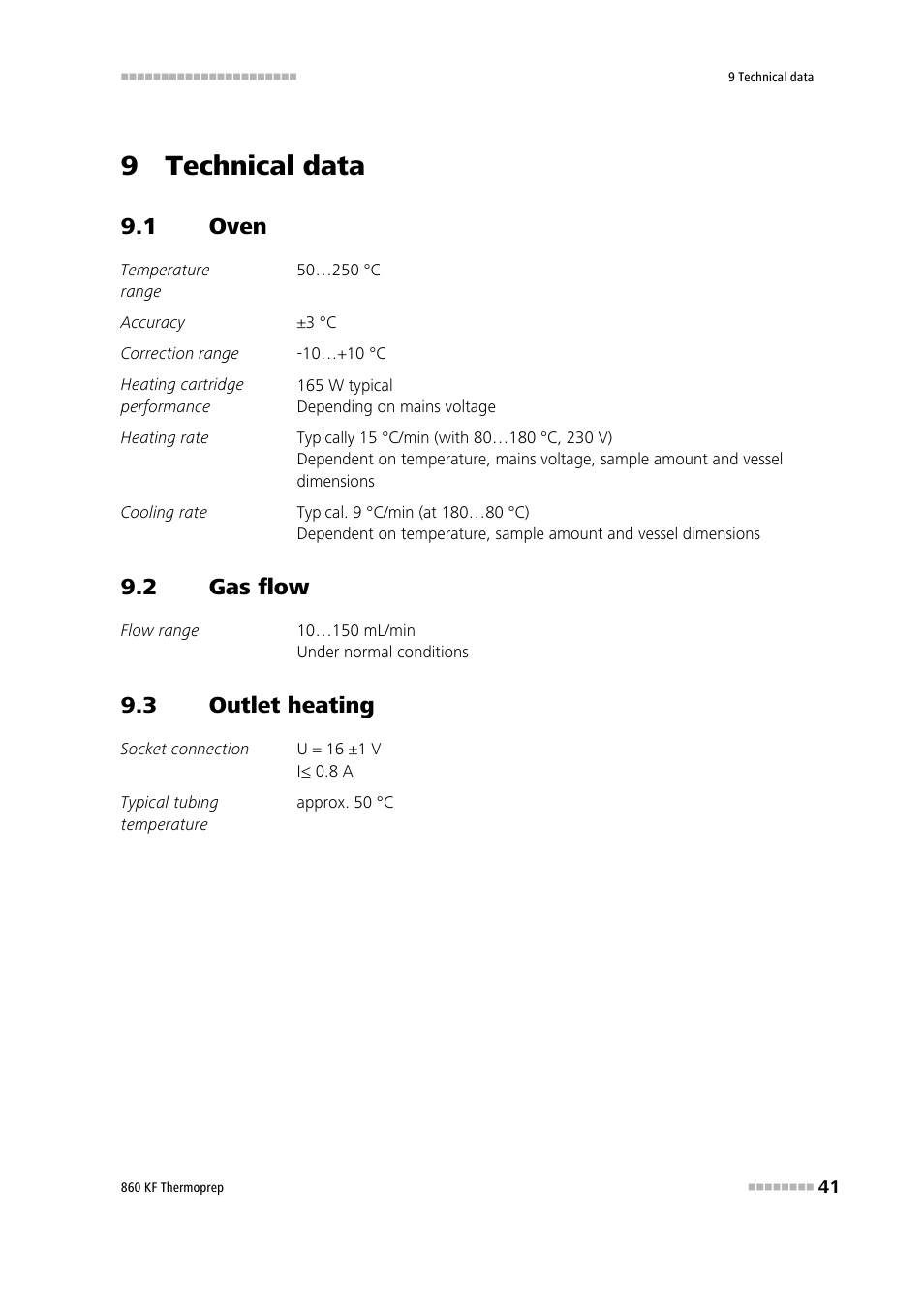 9 technical data, 1 oven, 2 gas flow | 3 outlet heating, Oven, Gas flow, Outlet heating | Metrohm 860 KF Thermoprep User Manual | Page 49 / 64