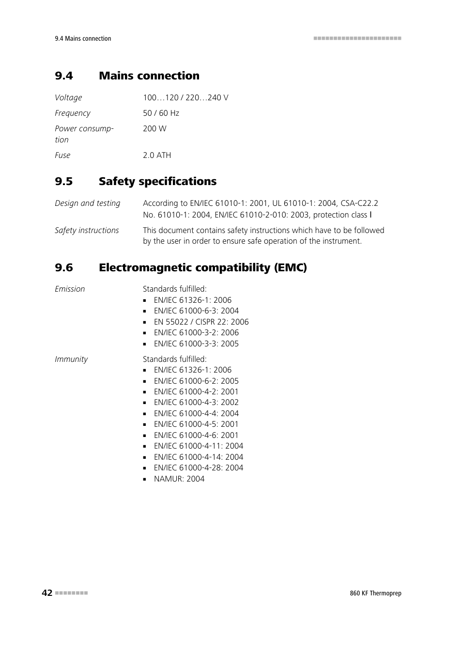 4 mains connection, 5 safety specifications, 6 electromagnetic compatibility (emc) | Mains connection, Safety specifications, Electromagnetic compatibility (emc) | Metrohm 860 KF Thermoprep User Manual | Page 50 / 64