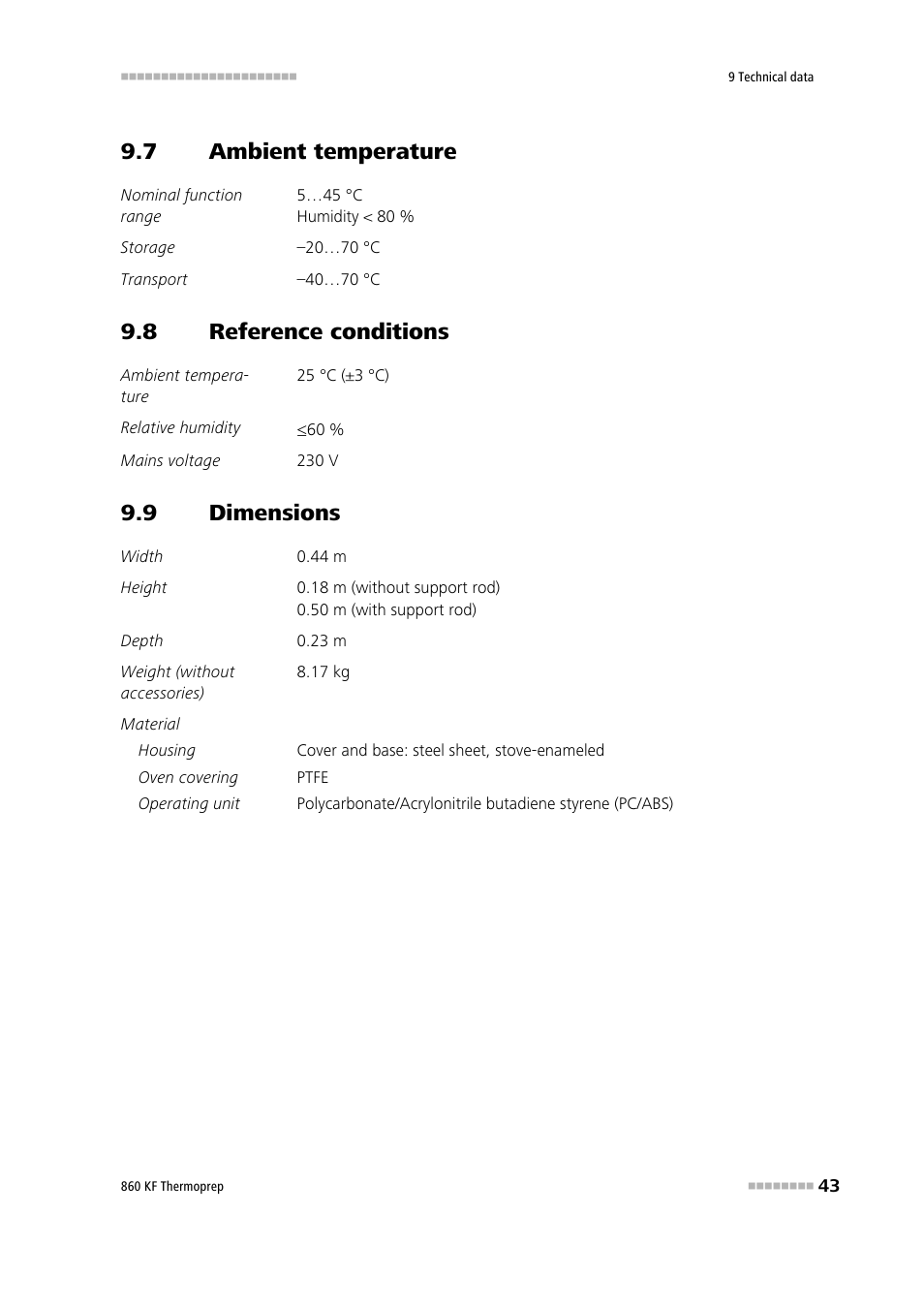 7 ambient temperature, 8 reference conditions, 9 dimensions | Ambient temperature, Reference conditions, Dimensions | Metrohm 860 KF Thermoprep User Manual | Page 51 / 64