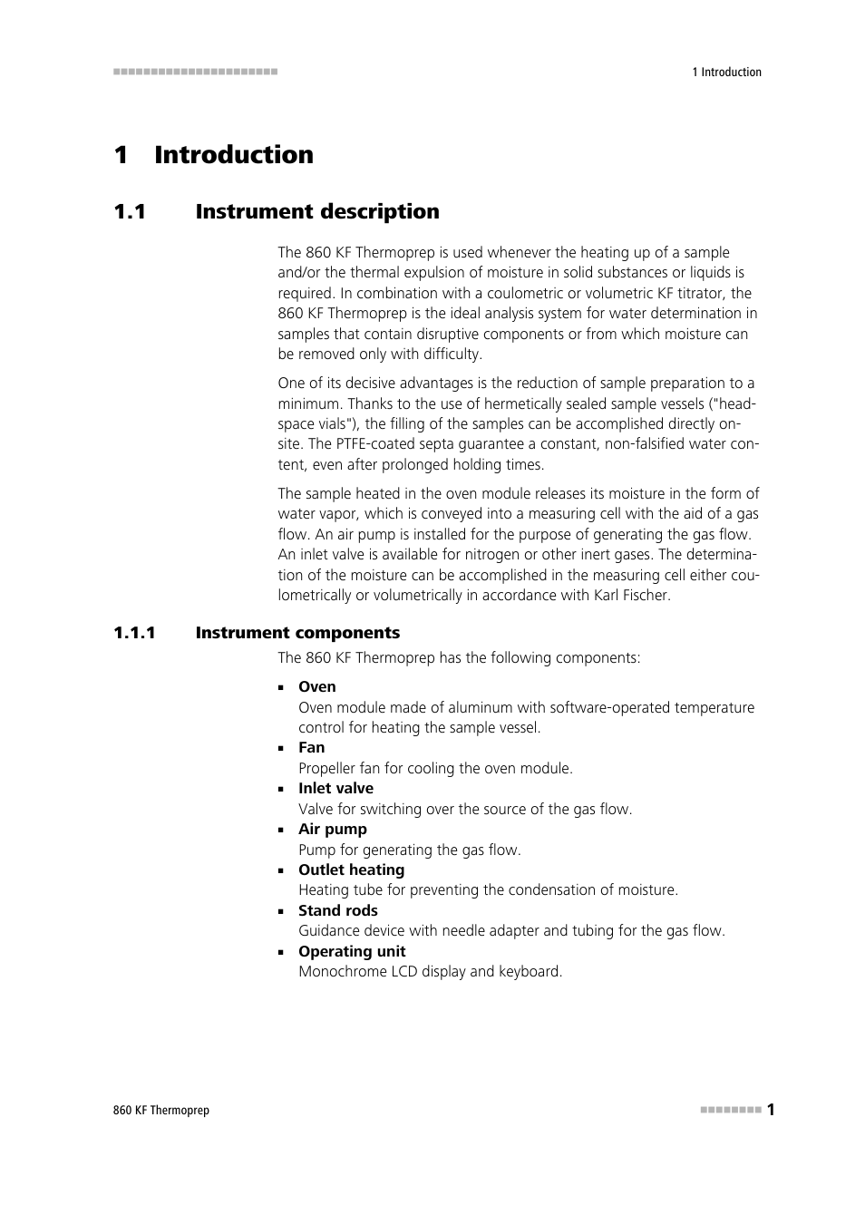 1 introduction, 1 instrument description, 1 instrument components | Instrument description, Instrument components | Metrohm 860 KF Thermoprep User Manual | Page 9 / 64