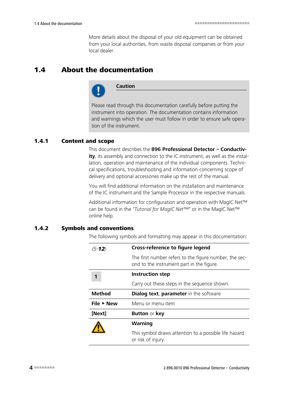 4 about the documentation, 1 content and scope, 2 symbols and conventions | About the documentation, Content and scope, Symbols and conventions | Metrohm 896 Professional Detector – Conductivity User Manual | Page 12 / 40
