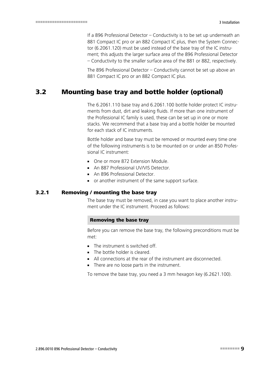 2 mounting base tray and bottle holder (optional), 1 removing / mounting the base tray, Mounting base tray and bottle holder (optional) | Removing / mounting the base tray | Metrohm 896 Professional Detector – Conductivity User Manual | Page 17 / 40