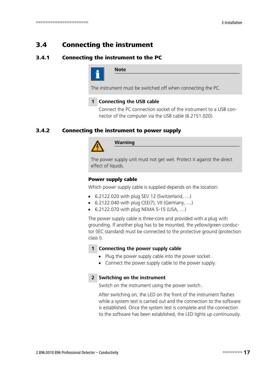 4 connecting the instrument, 1 connecting the instrument to the pc, 2 connecting the instrument to power supply | Connecting the instrument, Connecting the instrument to the pc, Connecting the instrument to power supply | Metrohm 896 Professional Detector – Conductivity User Manual | Page 25 / 40