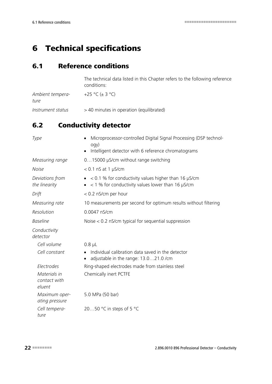 6 technical specifications, 1 reference conditions, 2 conductivity detector | Reference conditions, Conductivity detector | Metrohm 896 Professional Detector – Conductivity User Manual | Page 30 / 40