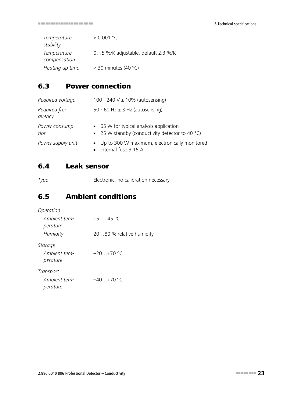 3 power connection, 4 leak sensor, 5 ambient conditions | Power connection, Leak sensor, Ambient conditions | Metrohm 896 Professional Detector – Conductivity User Manual | Page 31 / 40