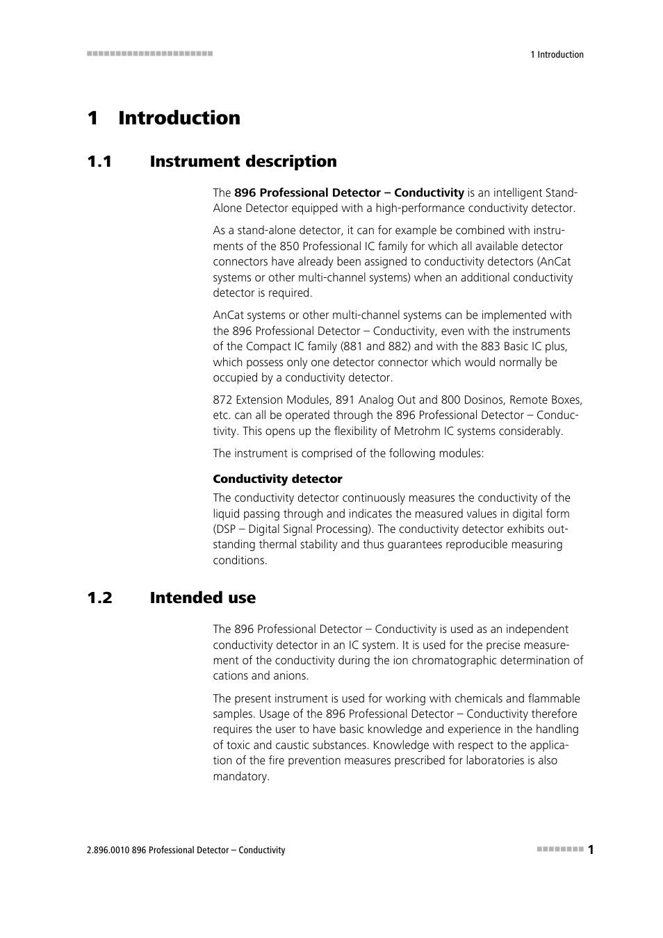 1 introduction, 1 instrument description, 2 intended use | Instrument description, Intended use | Metrohm 896 Professional Detector – Conductivity User Manual | Page 9 / 40