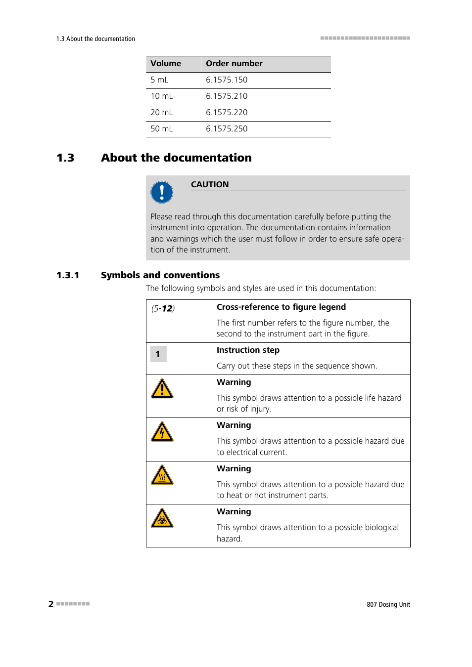 3 about the documentation, 1 symbols and conventions, About the documentation | Symbols and conventions | Metrohm 807 Dosing Unit User Manual | Page 10 / 63