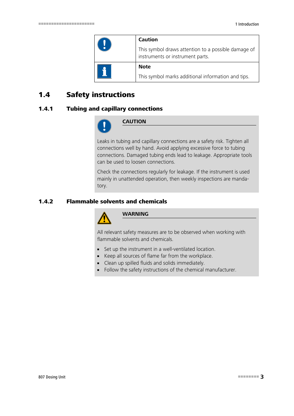 4 safety instructions, 1 tubing and capillary connections, 2 flammable solvents and chemicals | Safety instructions, Tubing and capillary connections, Flammable solvents and chemicals | Metrohm 807 Dosing Unit User Manual | Page 11 / 63