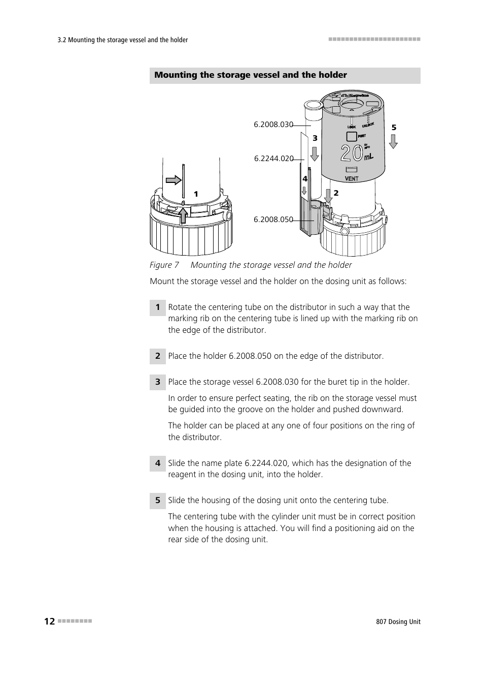 Figure 7, Mounting the storage vessel and the holder | Metrohm 807 Dosing Unit User Manual | Page 20 / 63