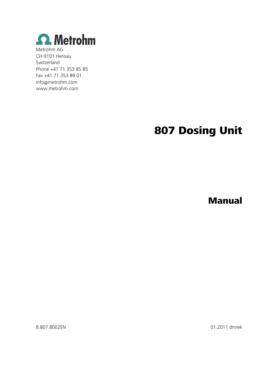 807 dosing unit, Manual | Metrohm 807 Dosing Unit User Manual | Page 3 / 63