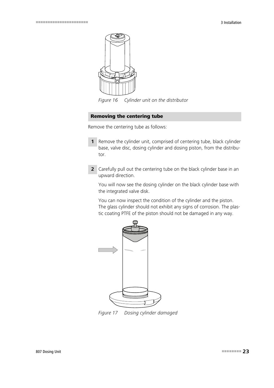 Figure 16, Cylinder unit on the distributor, Figure 17 | Dosing cylinder damaged | Metrohm 807 Dosing Unit User Manual | Page 31 / 63