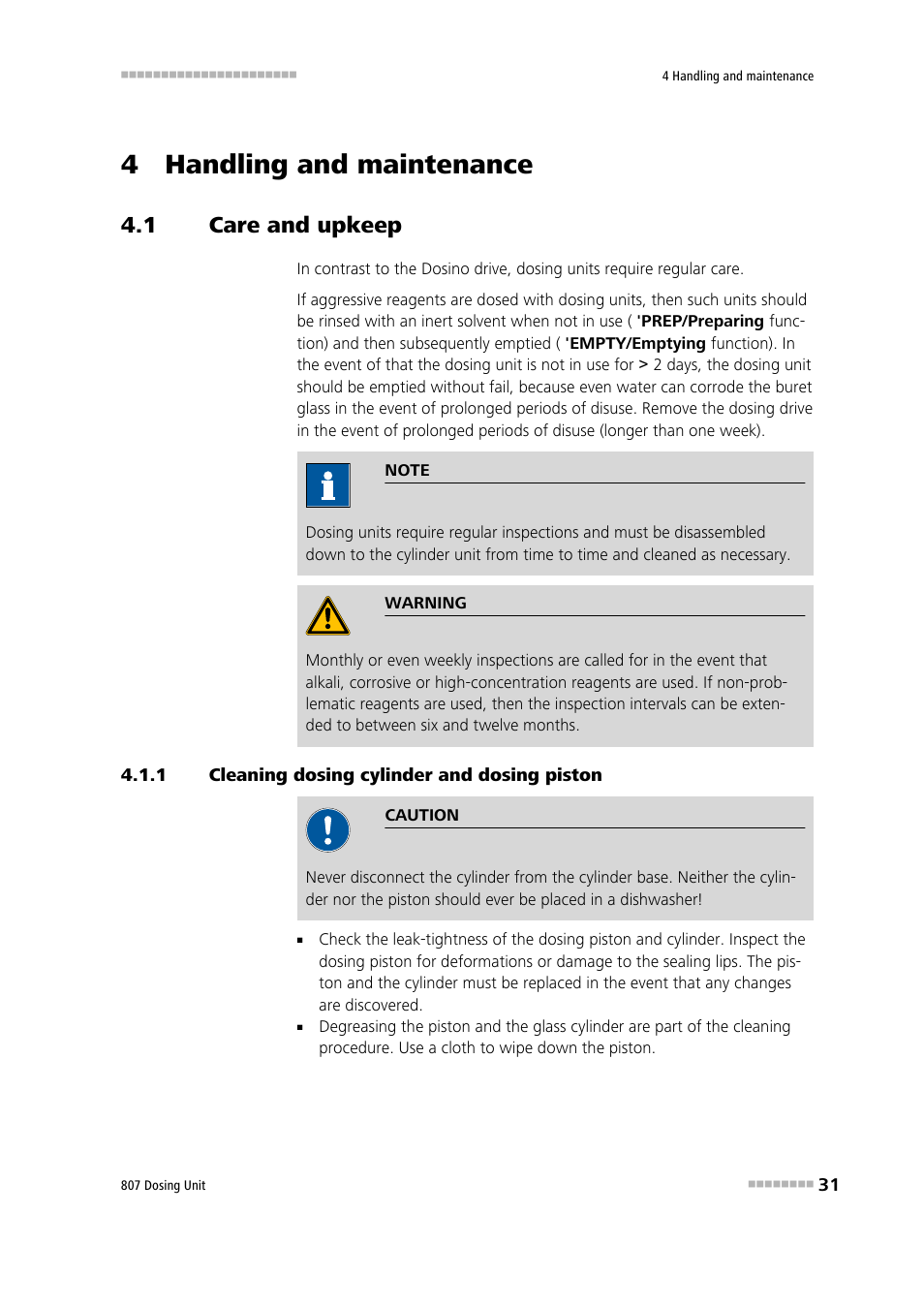 4 handling and maintenance, 1 care and upkeep, 1 cleaning dosing cylinder and dosing piston | Care and upkeep, Cleaning dosing cylinder and dosing piston | Metrohm 807 Dosing Unit User Manual | Page 39 / 63