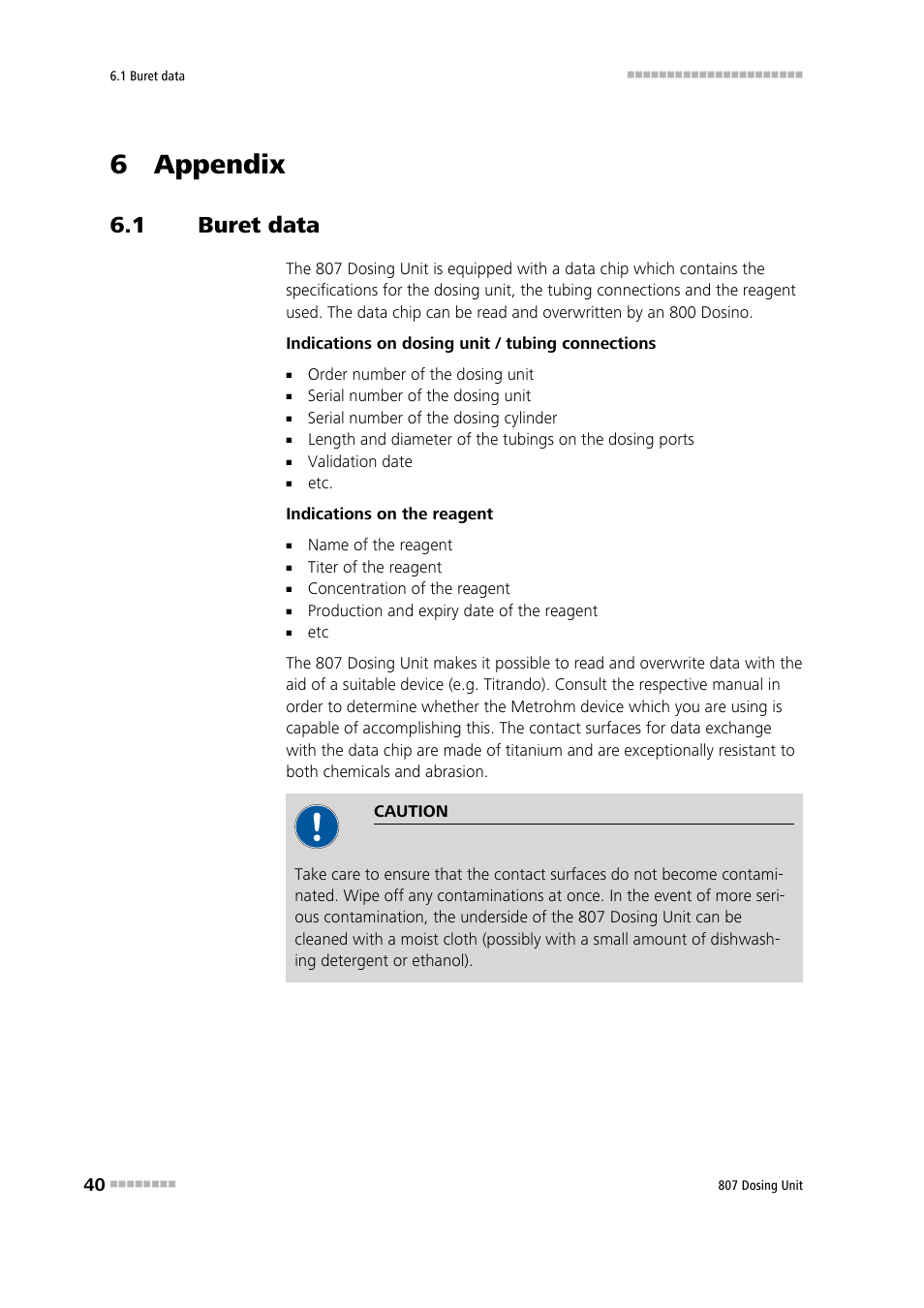 6 appendix, 1 buret data, Buret data | Metrohm 807 Dosing Unit User Manual | Page 48 / 63