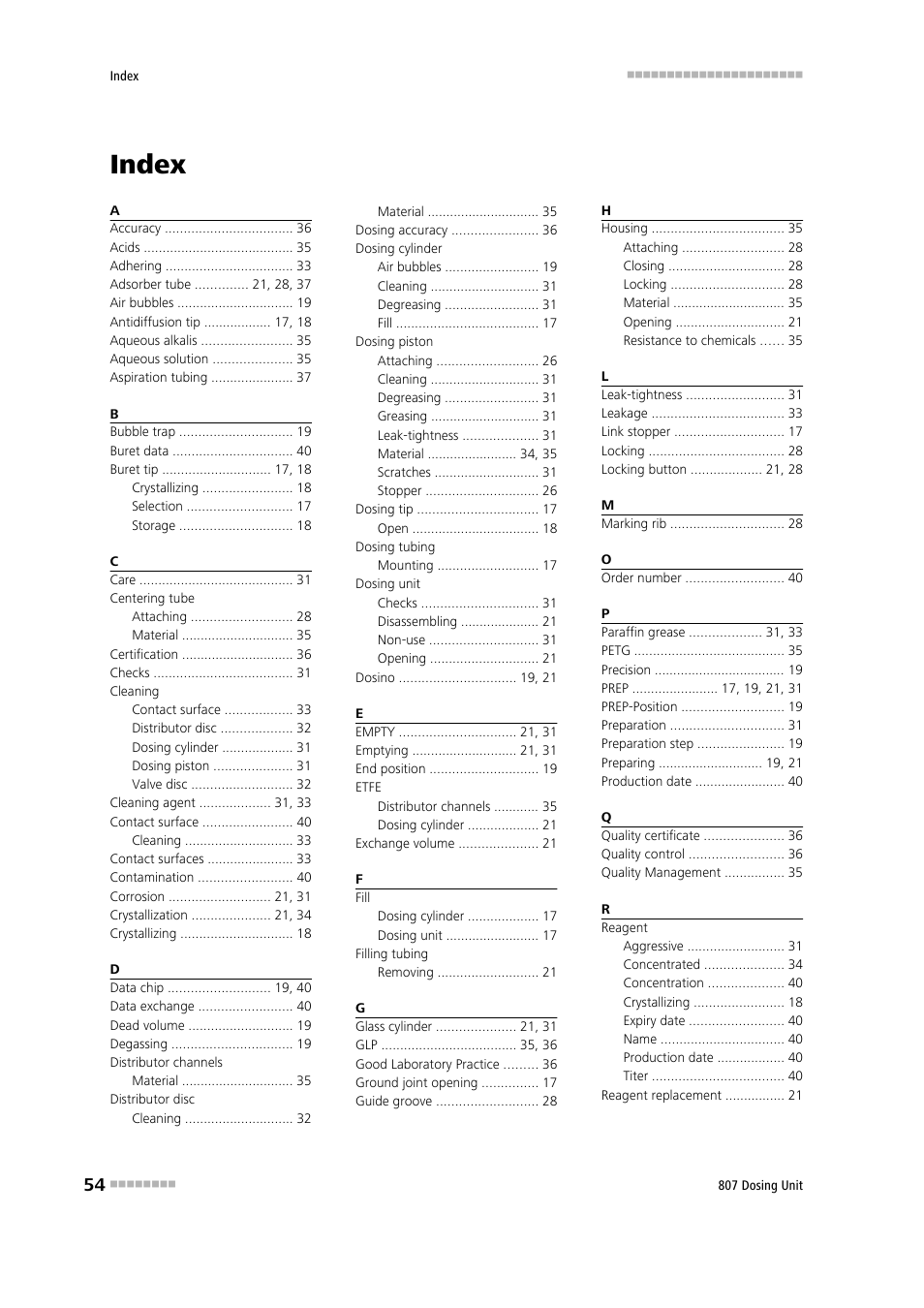 Index | Metrohm 807 Dosing Unit User Manual | Page 62 / 63