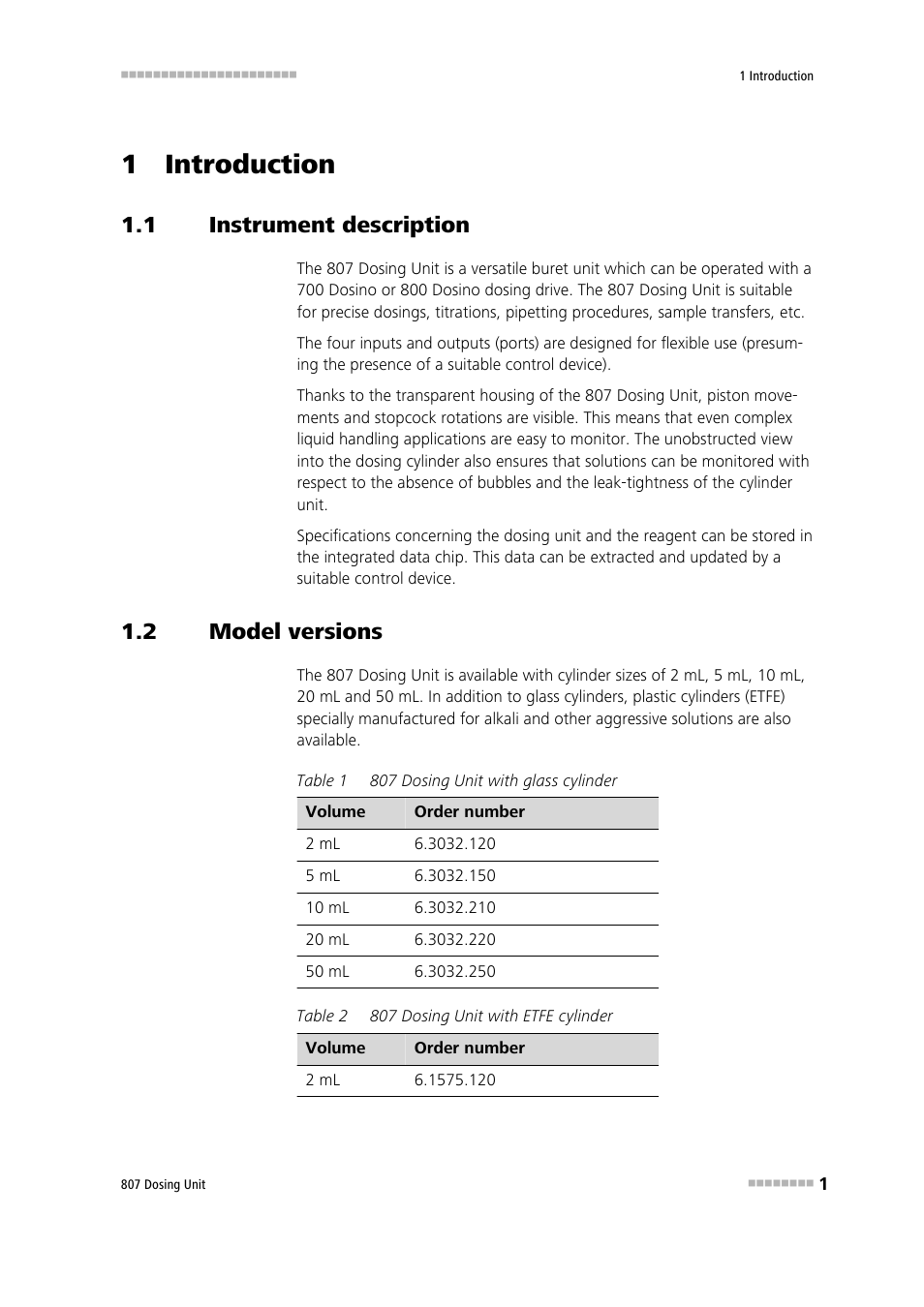 1 introduction, 1 instrument description, 2 model versions | Instrument description, Model versions | Metrohm 807 Dosing Unit User Manual | Page 9 / 63